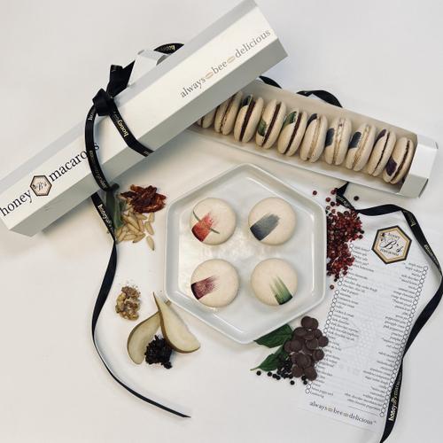 Our savory macarons are best, paired with red wine and make the perfect ending to a charcuterie dinner - Pink peppercorn, Fig, goat cheese, pear & walnut, and chocolate, olive oil, basil & cracked black pepper. 4 of each flavor in the box. (gluten-free)