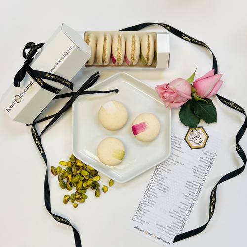 Sweet collection has two each of our Pistachio, Rose, and Vanilla macarons.