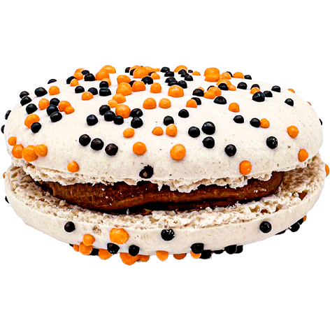 Chocve'te - light macaron covered in orange and dark brown sprinkles, with a dark chocolatey filling