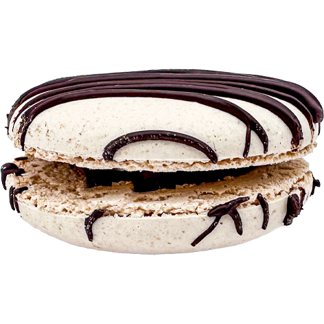 A light coloured macaron with ribbons of fudgey icing across the top, and a dark chocolatey filling