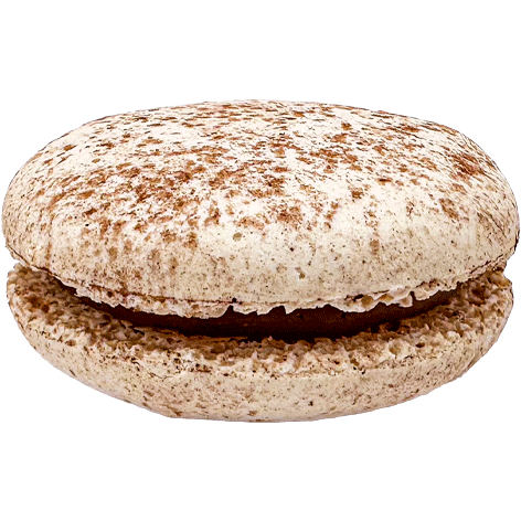 A light coloured macaron, dusted with dark powder and a dark creamy filling