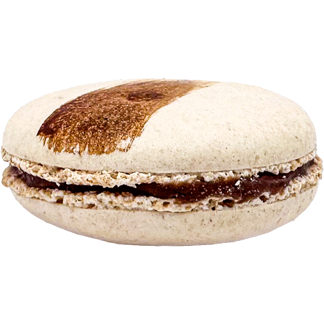 a light coloured macaron, with a swipe of chocolate paint across the top and a creamy chocolate filling